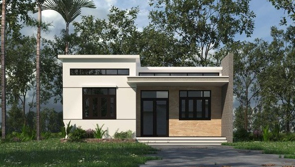 Tông màu chủ đạo trong thiết kế là tường trắng kết hợp với gạch ốp tường mặt tiền. Một chút màu sơn tối chấm phá giúp giảm bớt sự đơn điệu của căn nhà. Ảnh: Thietkethicongnhadep.