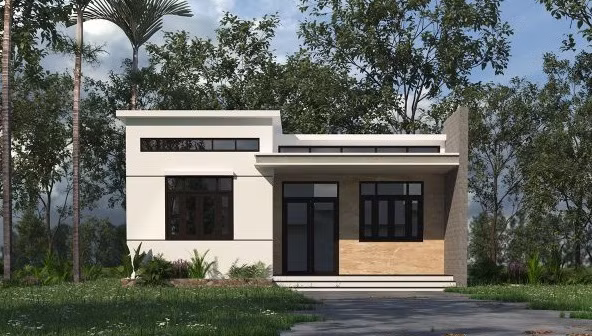 Tông màu chủ đạo trong thiết kế là tường trắng kết hợp với gạch ốp tường mặt tiền. Một chút màu sơn tối chấm phá giúp giảm bớt sự đơn điệu của căn nhà. Ảnh: Thietkethicongnhadep.