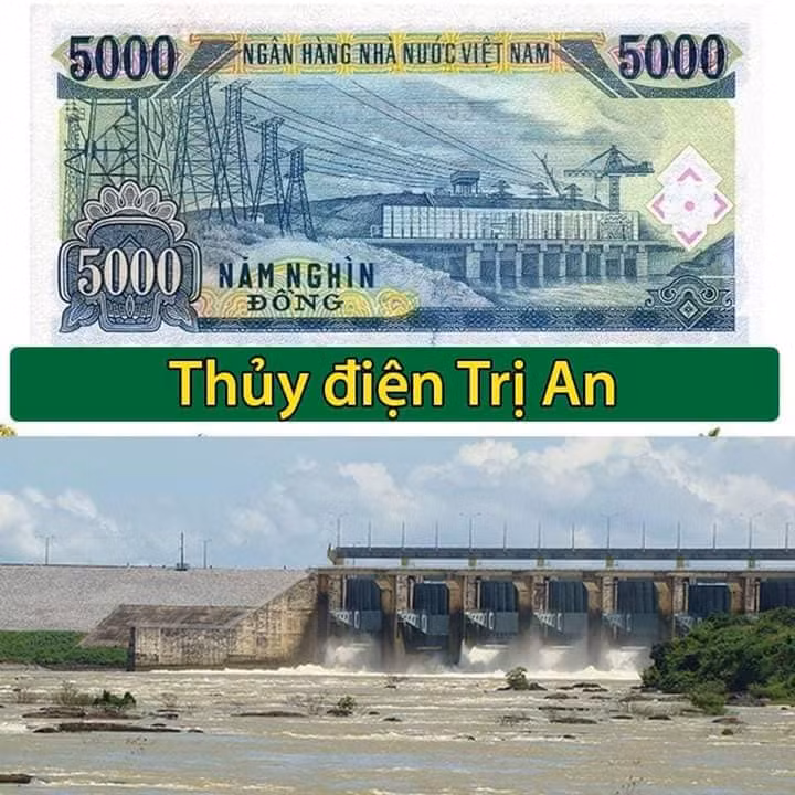 Nhà máy thủy điện Trị An (trên sông Đồng Nai) được in lên tờ tiền giấy 5.000 đồng.