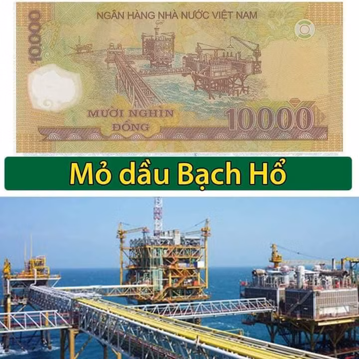 Mỏ dầu Bạch Hổ (thuộc bồn trũng Cửu Long) được in trên tờ tiền polymer 10.000 đồng.