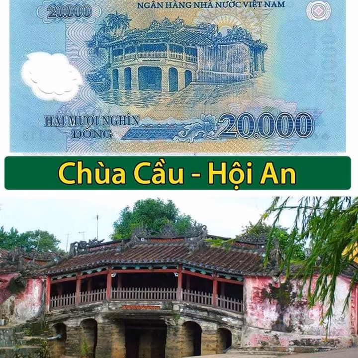 Chùa Cầu (Hội An) với vẻ đẹp kiến trúc cổ kính được in trên tờ polymer mệnh giá 20.000 đồng. Cầu này do thương nhân Nhật góp tiền xây dựng từ thế kỷ XVII.