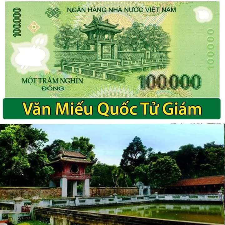 Văn Miếu - Quốc Tử Giám, trường Đại học đầu tiên tại Việt Nam được in trên tờ tiền polymer mệnh giá 100.000 đồng.
