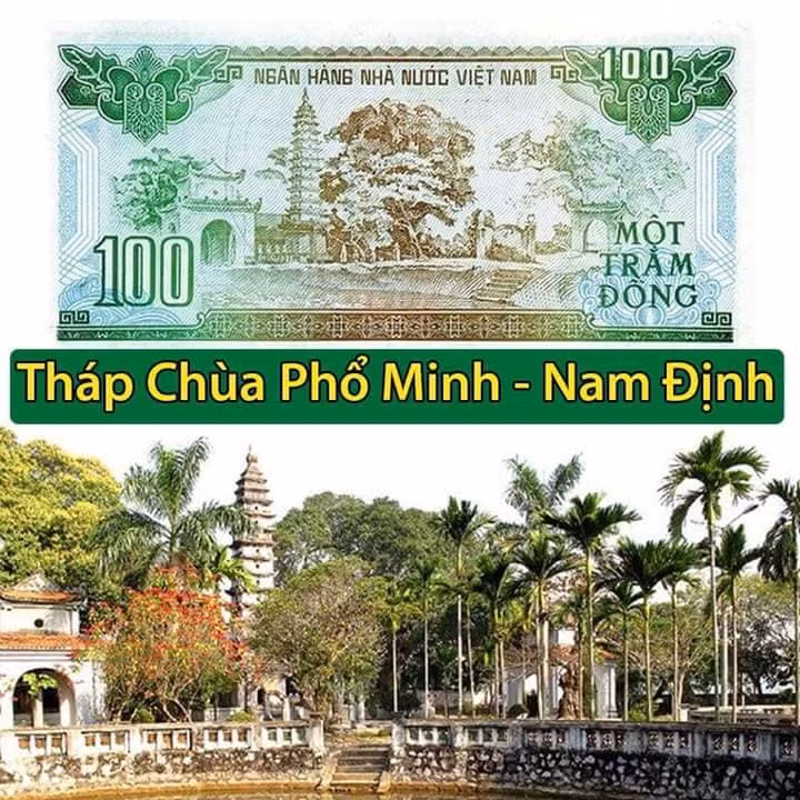 Danh thắng in trên tờ 100 đồng là tháp tại chùa Phổ Minh (thôn Tức Mặc, Nam Định). Nguồn ảnh: FB Tăng Hiền.