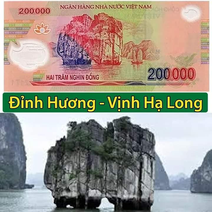 Xuất hiện trên tờ 200.000 đồng là hòn Đỉnh Hương thuộc Vịnh Hạ Long (Quảng Ninh). Đây là một phiến đá bề thế đứng trên hai cái chân rất mảnh mai.