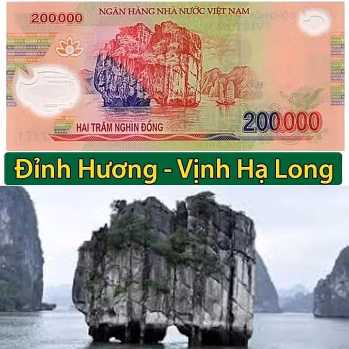 Xuất hiện trên tờ 200.000 đồng là hòn Đỉnh Hương thuộc Vịnh Hạ Long (Quảng Ninh). Đây là một phiến đá bề thế đứng trên hai cái chân rất mảnh mai.