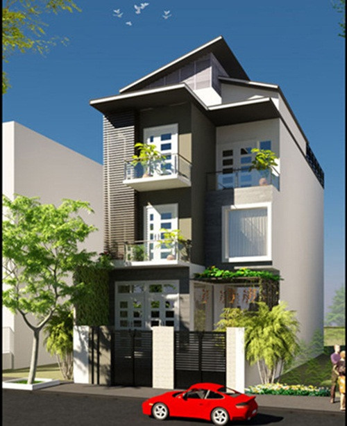 Nhà phố 3 tầng mái lệch đẹp mắt với gam màu trầm. Ảnh: Printest.