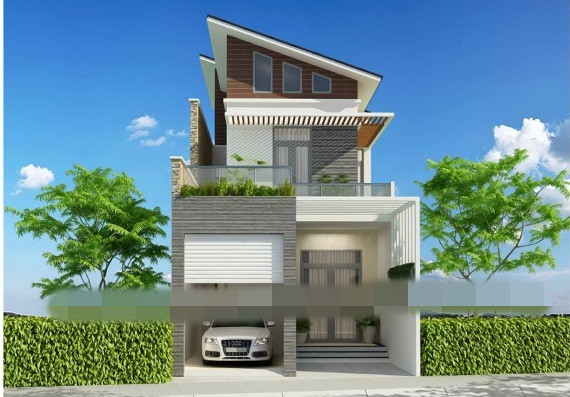 Mặt tiền được lùi về phía sau vừa tạo không gian cho việc lái ô tô vào gara vừa tránh khói bụi. Ảnh: Pitago.