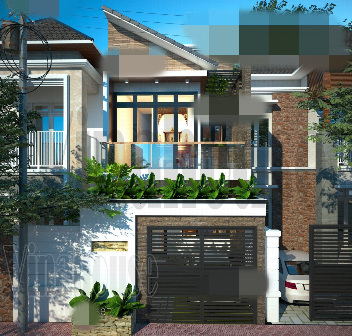 Nhà phố 2 tầng có thiết kế mặt tiền đẹp với mái lệch hiện đại, phía sau lợp tôn để tiết kiệm chi phí xây dựng. Ảnh: Vinahouse.