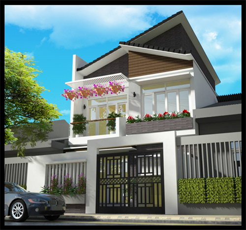Mẫu nhà phố 2 tầng mặt tiền 8 mét với phần mái ngói cách điệu. Ảnh: Maunhadepmoi.