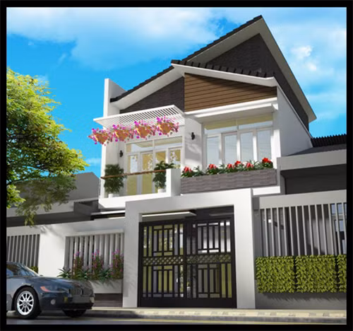 Mẫu nhà phố 2 tầng mặt tiền 8 mét với phần mái ngói cách điệu. Ảnh: Maunhadepmoi.