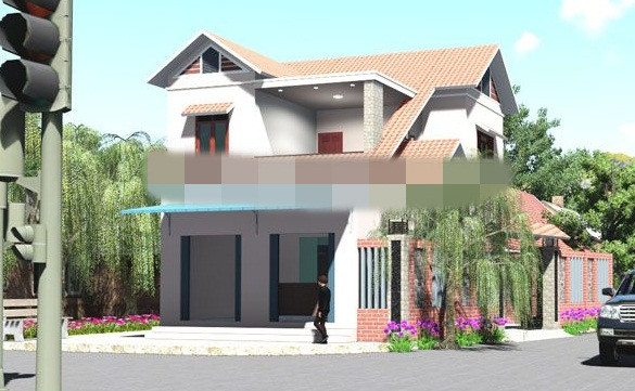 Nhà 2 tầng mặt tiền hình vuông theo phong cách kiến trúc mái thái hiện đại, kết hợp ki ốt kinh doanh. Ảnh: Maunhadepvn.