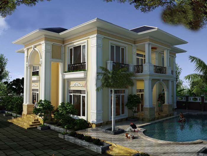 Nhà 2 tầng với kiến trúc tân cổ, mái thái thấp với các chi tiết phào chỉ, cột, tường đồ sộ mang lại cảm giác bề thế. Ảnh: Ytuongnhadep.