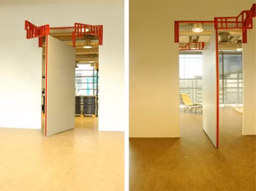 Cửa "bức tường" không sử dụng bản lề dọc trên một trục thẳng đứng mà sử dụng bản lề ngang có cánh tay đòn đặt trên cao cùng với hệ thống trụ xoay tròn.