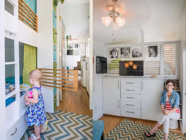 Khi cô con gái nhỏ lớn, chiếc giường ngủ được thiết kế lại và nằm lọt vào góc nhà vừa tích kiệm không gian, lại tạo được sự riêng tư, kín đáo.