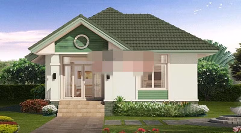 Nhà cấp 4 nhỏ xinh diện tích 50m2 gồm 2 phòng ngủ nổi bật với hệ thống mái ngói màu xanh độc đáo. Ảnh: Angcovat.