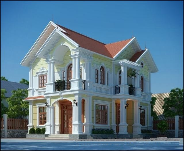 Biệt thự 2 tầng giật cấp bằng 2 mái chữ A truyền thống giúp công trình tráng lệ hơn. Ảnh: Kientrucxaydungdanang.