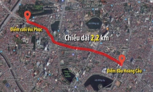 Tuyến đường vành đai 1 đoạn Hoàng Cầu - Voi Phục có chiều dài hơn 2,2 km. Mặt cắt ngang 50m (bao gồm 2 cầu vượt trực thông theo hướng vành đai 1 tại các nút Giảng Võ – Láng Hạ và nút Nguyễn Chí Thanh). Ảnh: Baodautu.