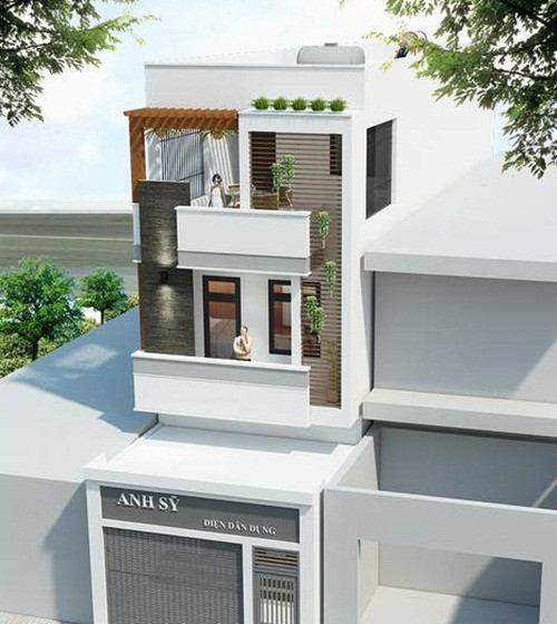 Nhà ống 2 tầng 1 tum thiết kế đơn giản sử dụng khung lam nhôm bên phải mặt tiền. Còn lại sử dụng gạch thẻ và ốp đá. Ảnh: Housevn.