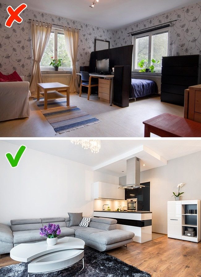 Một trong những sai lầm phổ biến mà mọi người thường xuyên mắc khi thiết kế căn hộ nhỏ là chọn nội thất quá nhỏ. Thực tế, nội thất quá bé đều khiến căn phòng "mất điểm" về thẩm mỹ, tố cáo sự hạn chế của không gian.