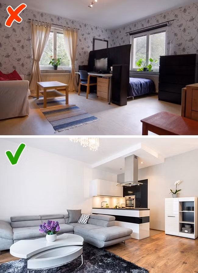 Một trong những sai lầm phổ biến mà mọi người thường xuyên mắc khi thiết kế căn hộ nhỏ là chọn nội thất quá nhỏ. Thực tế, nội thất quá bé đều khiến căn phòng "mất điểm" về thẩm mỹ, tố cáo sự hạn chế của không gian.