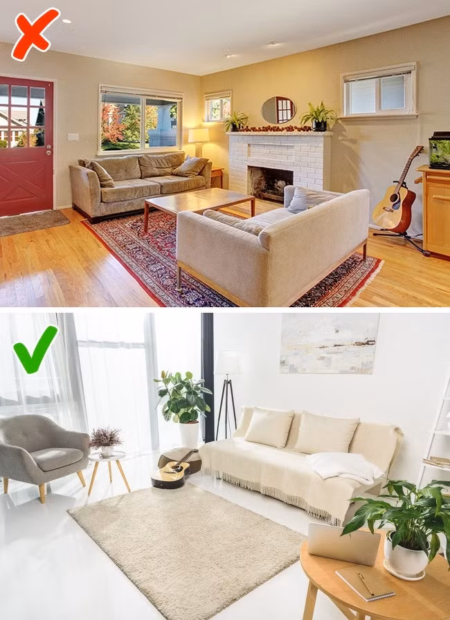 Một căn hộ chật hẹp không nhất thiết phải sử dụng quá nhiều thảm. Ngoài ra, bạn cũng hạn chế chọn thảm trải sàn nhiều họa tiết vì nó gây rối mắt, khiến căn phòng bí bách hơn. Nguồn ảnh: Brightside.