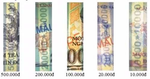 Tiền giả có làm giả yếu tố mực đổi màu nhưng không đổi màu, hoặc có đổi màu nhưng không đúng màu như ở tiền thật; không có dải iriodin hoặc có in giả nhưng không lấp lánh như ở tiền thật.