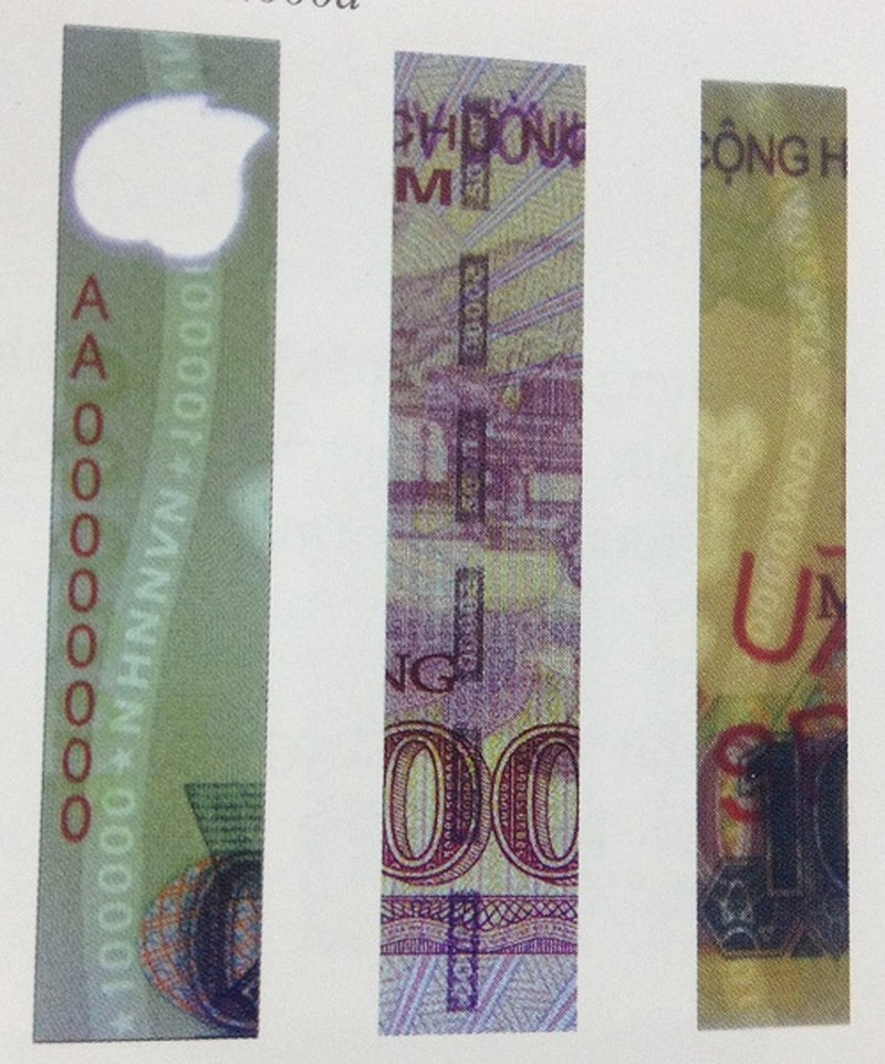 Ngoài ra, khi chao nghiêng tờ tiền cũng quan sát được dải Iriodin (dây bảo an). Dải Iriodin chỉ có ở các mệnh giá 500.000 đồng, 200.000 đồng và 100.000 đồng, 20.000 đồng và 10.000 đồng, là dải màu vàng chạy dọc theo mặt sau tờ tiền; riêng mệnh giá 100.000 đồng đặt tại mặt trước.