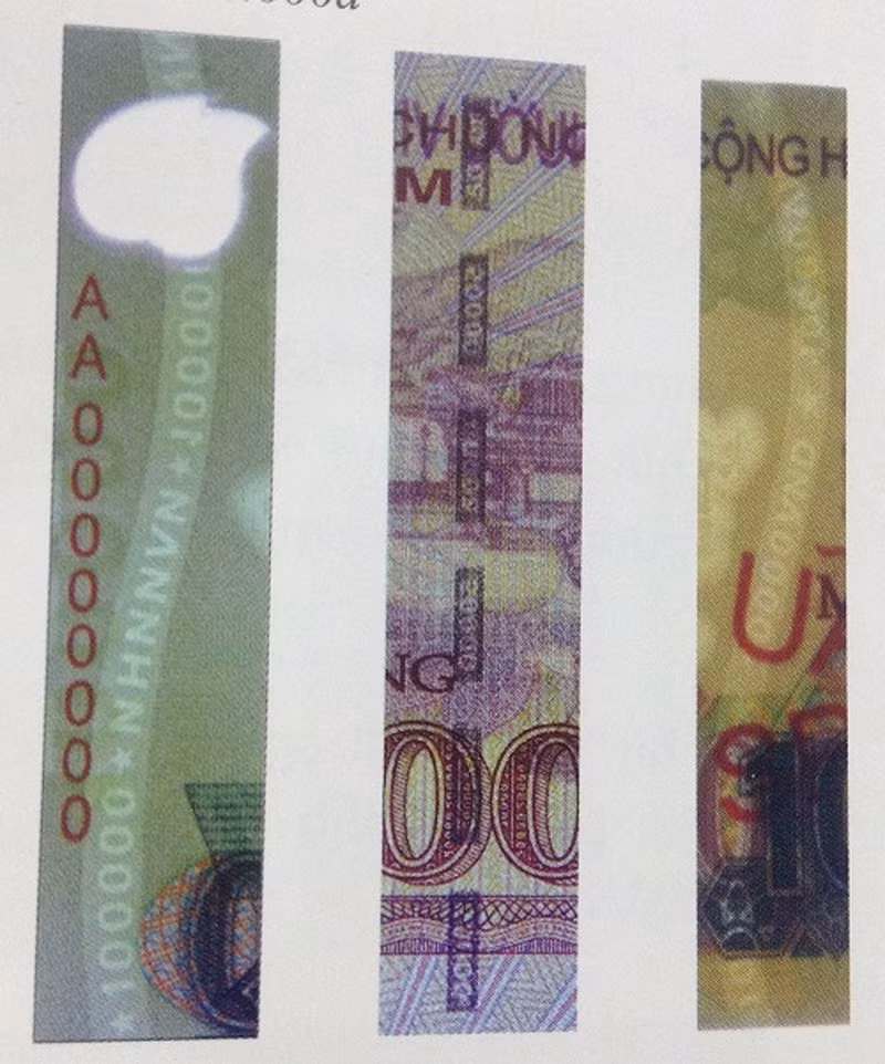 Ngoài ra, khi chao nghiêng tờ tiền cũng quan sát được dải Iriodin (dây bảo an). Dải Iriodin chỉ có ở các mệnh giá 500.000 đồng, 200.000 đồng và 100.000 đồng, 20.000 đồng và 10.000 đồng, là dải màu vàng chạy dọc theo mặt sau tờ tiền; riêng mệnh giá 100.000 đồng đặt tại mặt trước.