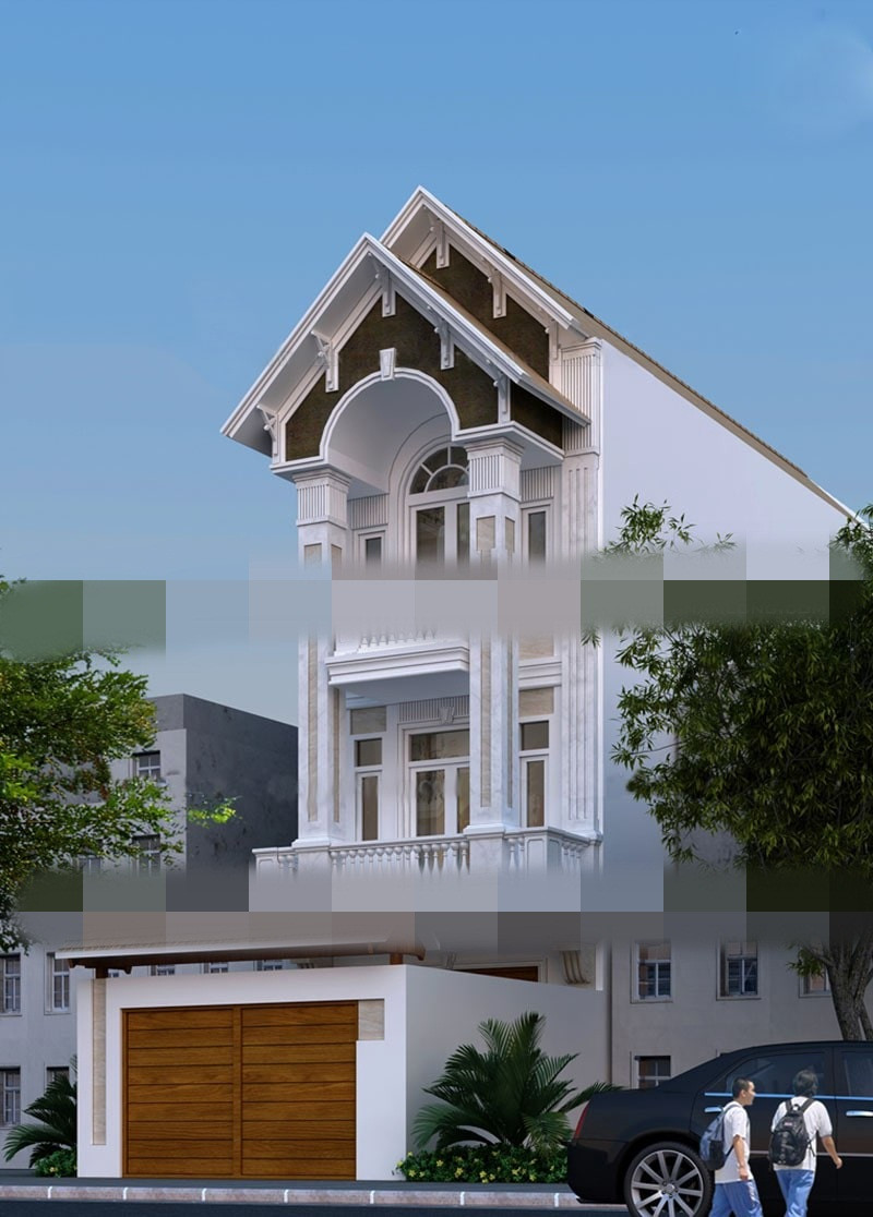 Nhà 3 tầng mái thái cuốn hút bằng phong cách hiện đại pha lẫn phào chỉ trang trí tinh tế. Ảnh: Xaydungnamlong.