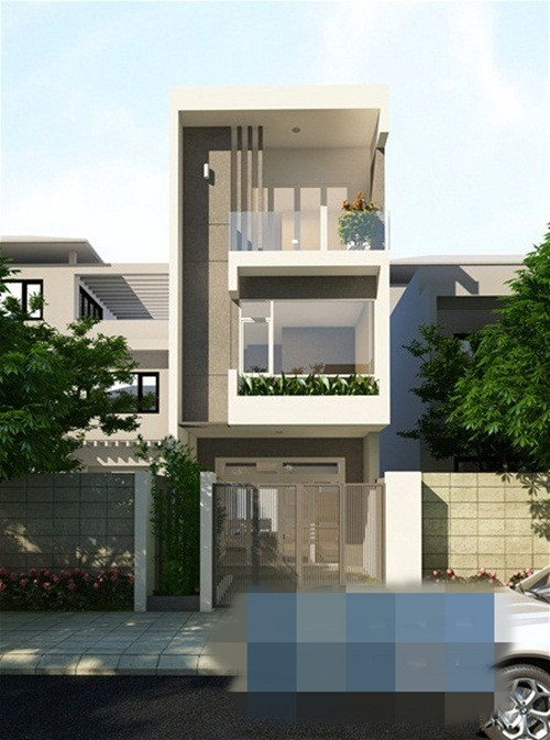 Nhà ống 3 tầng mặt tiền 4m với kinh phí hơn 1 tỉ đồng. Ngoại thất thiết kế theo hướng hiện đại, nổi bật với hai màu chủ đạo là trắng và vàng nâu. Ảnh: XXD.