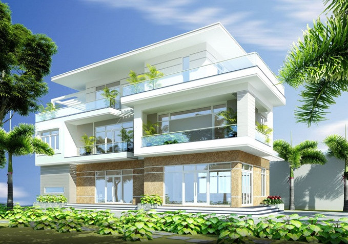 Toàn bộ ngôi biệt thự 3 tầng được sơn màu trắng, và điểm thêm các diện kính lớn tạo thành các mảng đặc, rỗng có ý đồ về mặt tạo hình của kiến trúc sư. Ảnh: Ngoinhaxinh.