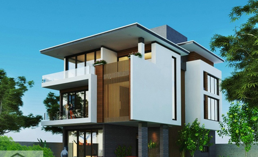 Điểm nhấn của công trình là mặt tiền trông rất hài hòa, nguyên vật liệu bắt mắt, thoáng đãng. Ảnh: Kientruchomexinh.