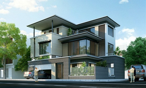  Biệt thự 3 tầng mái bằng thiết kế hiện đại với hình khối vuông vức, khỏe khoắn có chi phí hơn 1 tỷ đồng. Ảnh: Kientrucadong.