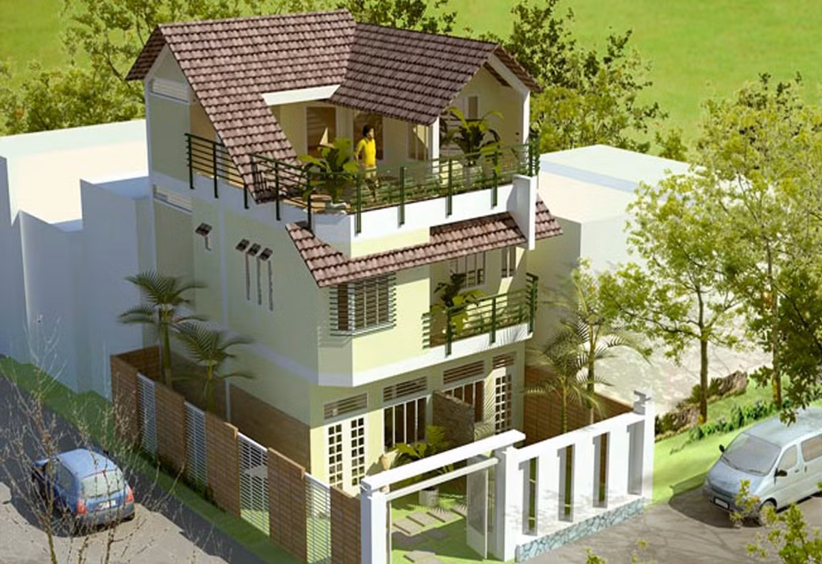 Ngôi nhà 3 tầng mang đậm kiến trúc xanh kết hợp với mái ngói truyền thống được cách điệu hiện đại. Ảnh: Noithatxanh.