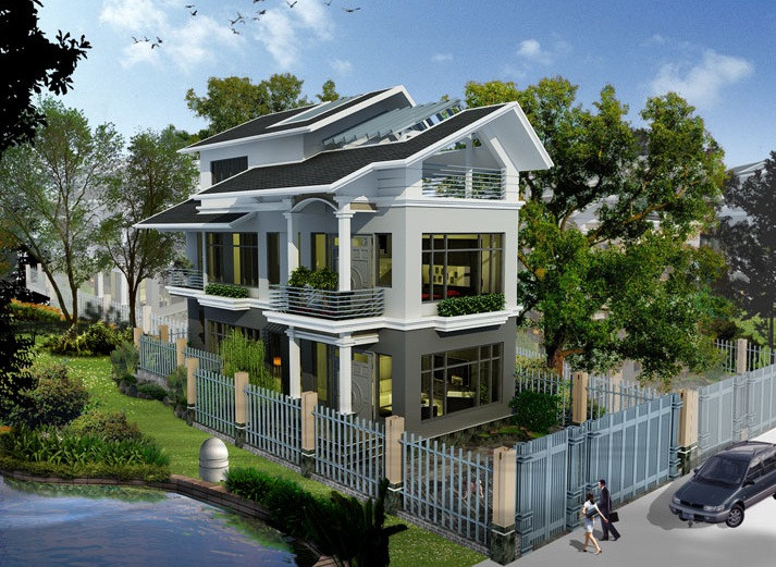 Thiết kế tạo khoảng lùi lấy gió và ánh sáng cùng với mái ngói cách điệu giúp ngôi nhà thêm phần quý phái. Ảnh: Noithatxanh.