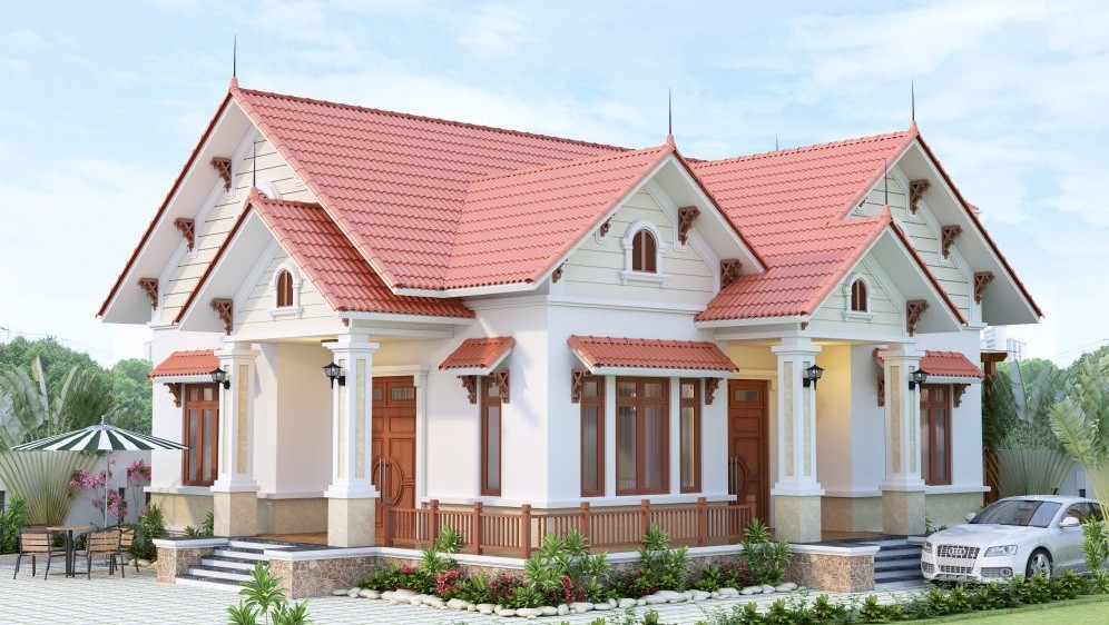 Biệt thự 1 tầng mái dốc với không gian mở rộng và thoáng, có hành lang nghỉ ngơi phía trước tiền sảnh. Ảnh: Avhome.