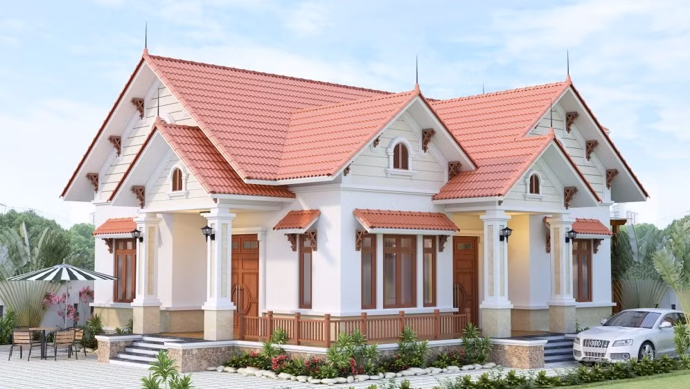 Biệt thự 1 tầng mái dốc với không gian mở rộng và thoáng, có hành lang nghỉ ngơi phía trước tiền sảnh. Ảnh: Avhome.