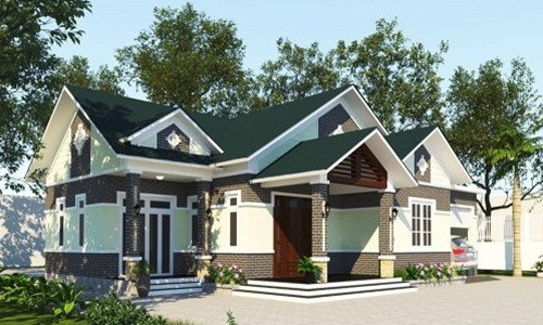 Biệt thự vườn mái thái sử dụng tông màu xanh lá cây chủ đạo. Bên ngoài được nhấn nhá bằng gạch thẻ màu nâu đen. Ảnh: Thietkethicongnhadep.