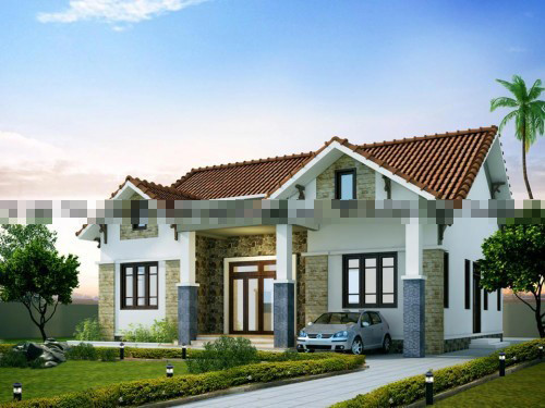 Phía trước biệt thự 1 tầng làm không gian sân vườn rộng rãi và thoải mái, đường đi vào hai bên và không làm sân chơi đối diện với cửa nhà. Ảnh: Thietkethicongnhadep.