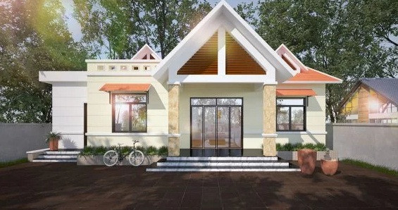 Biệt thự 1 tầng kết hợp giữa mái bằng và mái thái giảm bớt sự đơn điệu và nhàm chán. Ảnh: Thietkethicongnhadep.