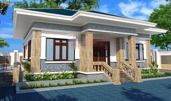 Nét sang trọng được tạo ra bằng cách ốp đá hoa cương cho hệ thống cột và toàn bộ mặt tiền. Ảnh: Angcovat.