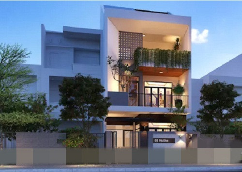 Nhà phố 3 tầng phong cách thân thiện có điểm nhấn nằm ở ban công tầng 3 thiết kế như một bồn cây lớn. Ảnh: Kientrucuk.