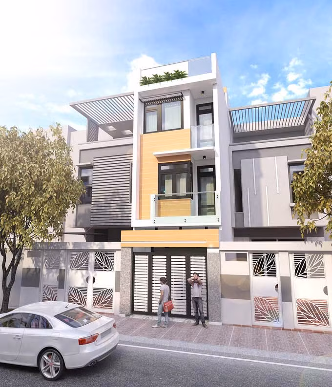 Nhà ống đơn giản nhưng vẫn hiện đại với mặt tiền kết hợp màu vàng, trắng và những khung cửa đen. Ảnh: Muabannhadat.