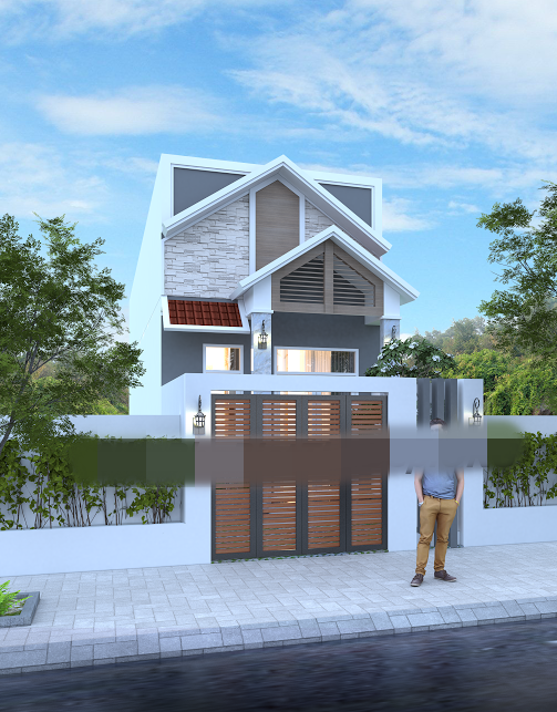 Nhà ống gác lửng mái tôn có sân vườn phía trước, phía sau là không gian nhỏ lấy ánh sáng. Ảnh: Nhaphobietthu.