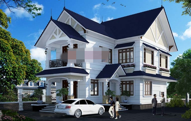 Biệt thự 2 tầng 4 phòng ngủ không sử dụng đá ốp chân tường hay gạch ốp tường ngoại thất. Thay vào đó là bộ sơn tường màu trắng đầy tinh tế. Ảnh: Angcovat.