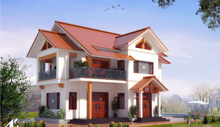 Mẫu biệt thự chữ L thiết kế theo phong cách biệt thự mini 2 tầng sử dụng mái thái lợp ngói đỏ. Ảnh: Kientrucsuvietnam.