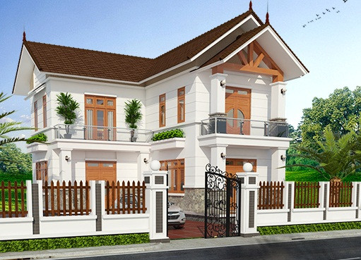 Công trình ấn tượng ngay từ cái nhìn ban đầu vởi cách phối màu hài hòa từ tường rào cho đến cột nhà. Ảnh: Thietkenhadepaau.