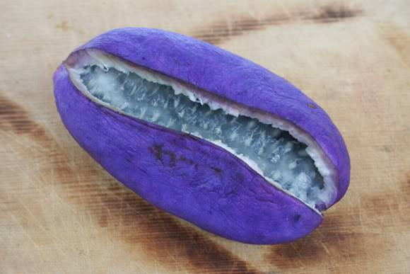 Quả Akebi có hình dáng như củ khoai lang, vỏ màu tím. Ảnh: VnSharing.