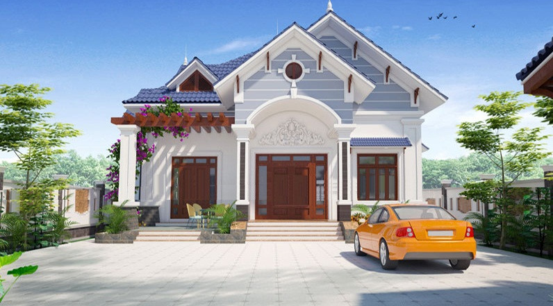 Biệt thự 1 tầng 6 phòng ngủ có kiến trúc độc đáo và mới lạ, hợp với phong cảnh hữu tình của những vùng quê Bắc Bộ Việt Nam. Ảnh: Thietkenhadepaau.