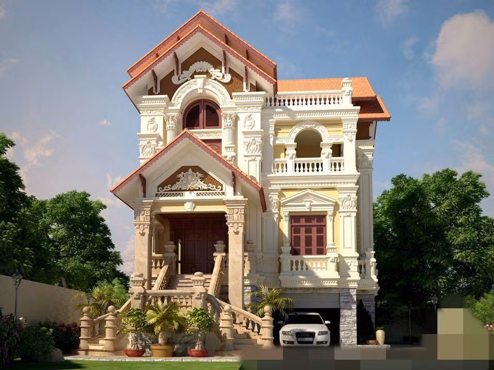 Nhà phố phong cách cổ điển có thiết kế gara để xe. Ảnh: Kientrucadong.